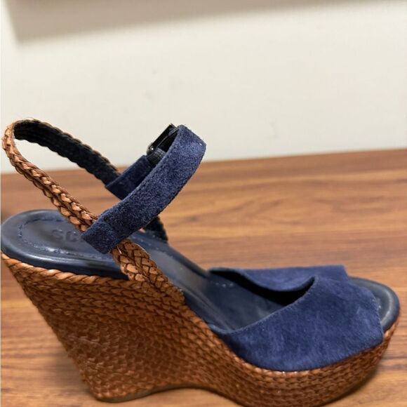 Schultz Poppi Navy Suede Leather Rattan Wedge Ankle Strap Sandal. Size 6B. - Picture 2 of 7